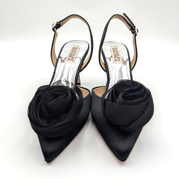 Badgley Mischka Carlise Satin Rosette Slingback Pumps Women's Black Size US6 - Picture 2 of 13